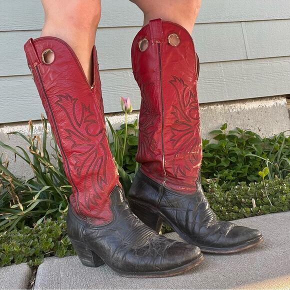 Vintage 80s Nocona Black Red Buckaroo Cowboy Western Boots 10.5D - Picture 1 of 11